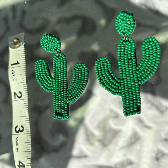 Green Beaded Cactus Earrings - Picture 2 of 2